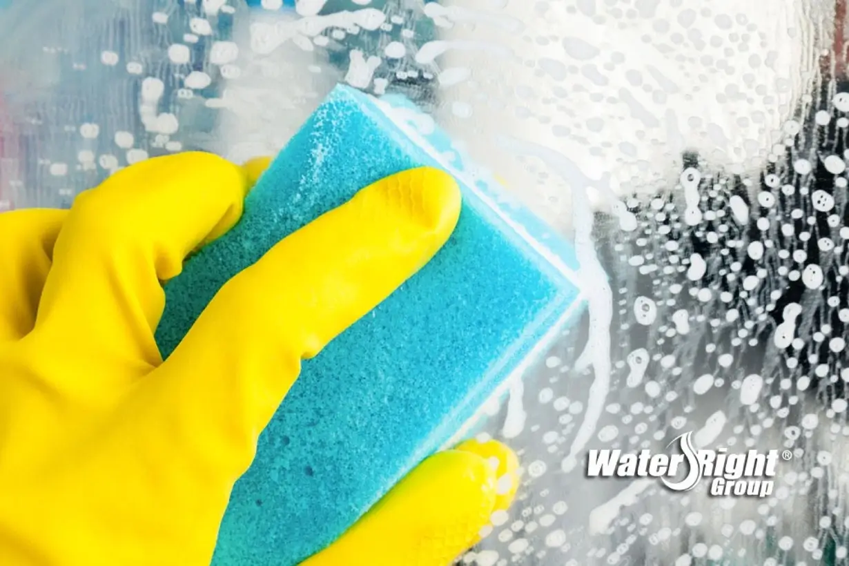 Person wearing rubber gloves cleaning hard water buildup on a shower door with a sponge